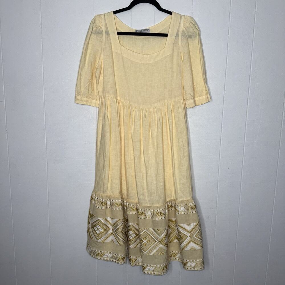 Haris Cotton Women’s 100% Linen Midi Dress Yellow Embroidered Cottage Core XS